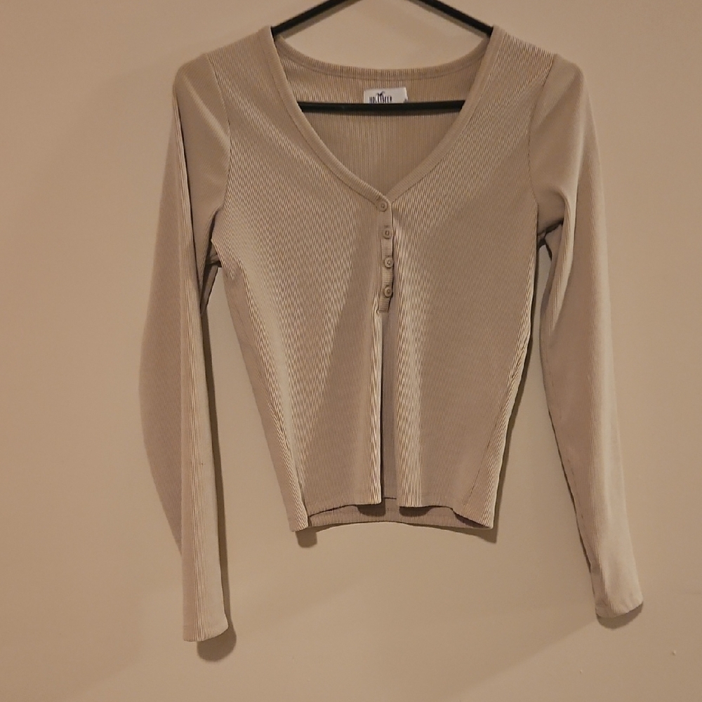 Hollister Beige Button-Down V-Neck Top